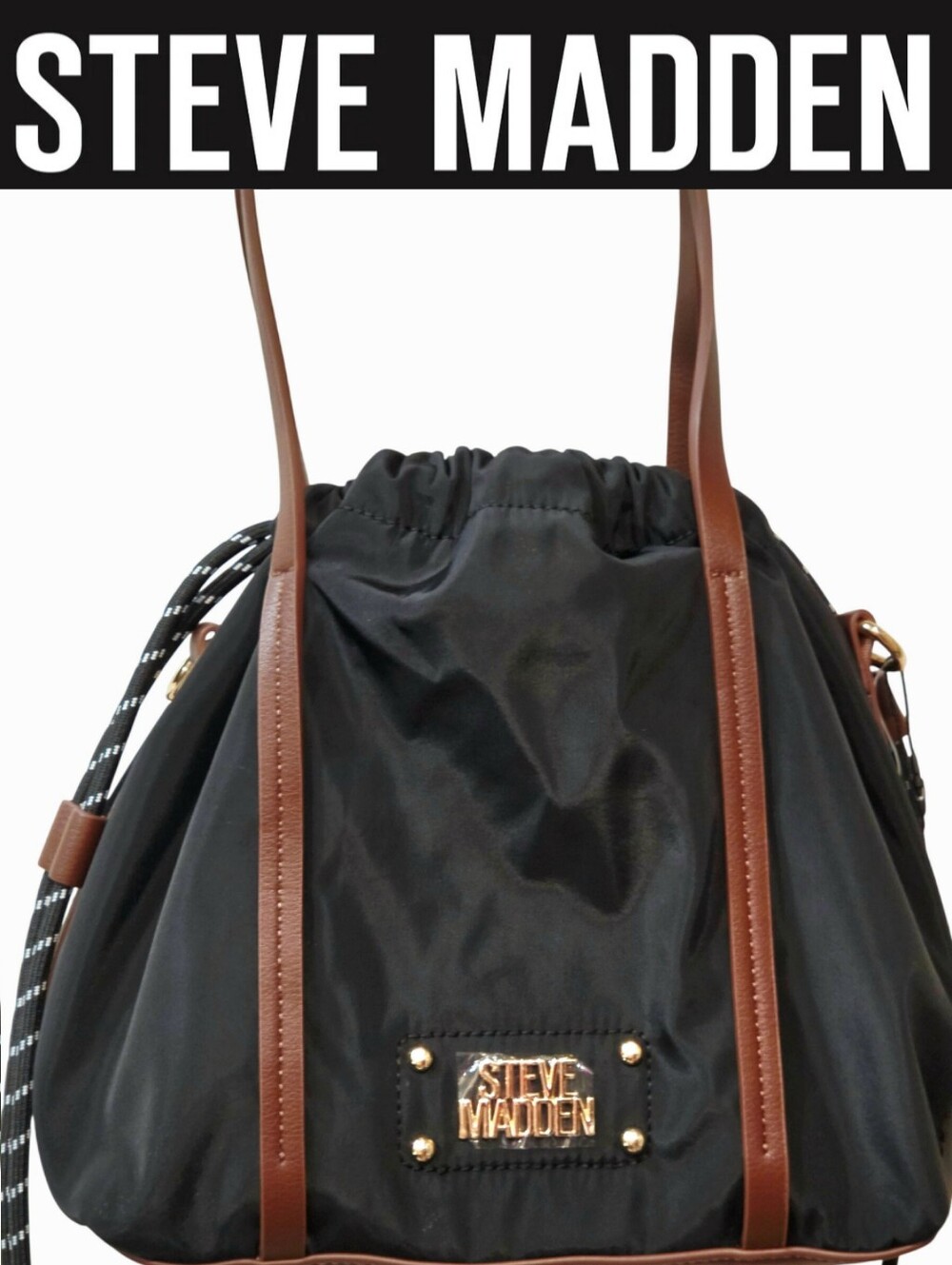 Steve Madden BElanor Nylon Drawstring Pouch Bucket Bag- Black